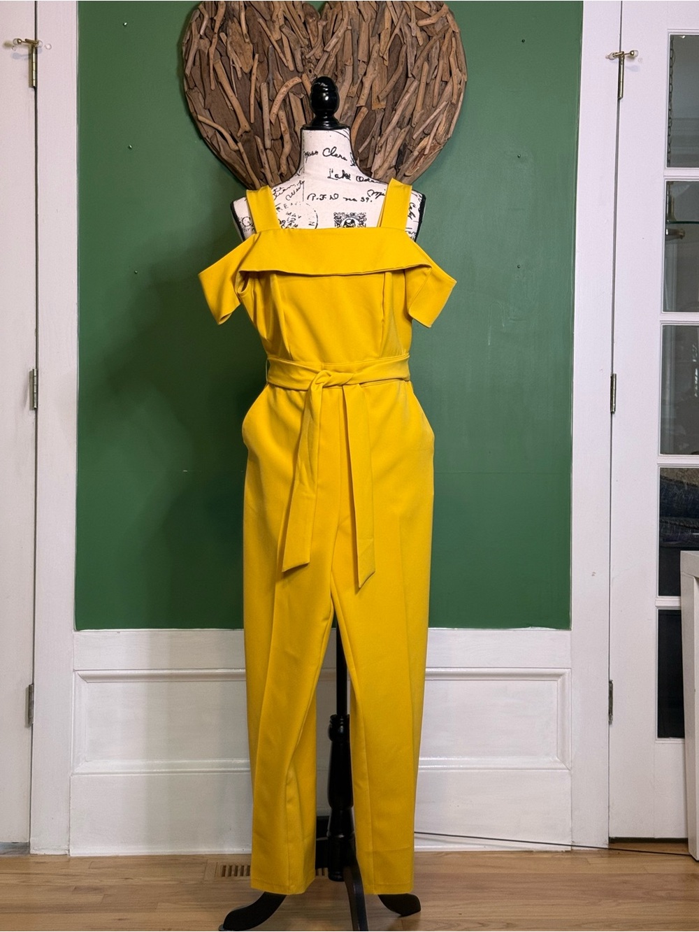New York & Company Bright Yellow Off-Shoulder Belted Jumpsuit